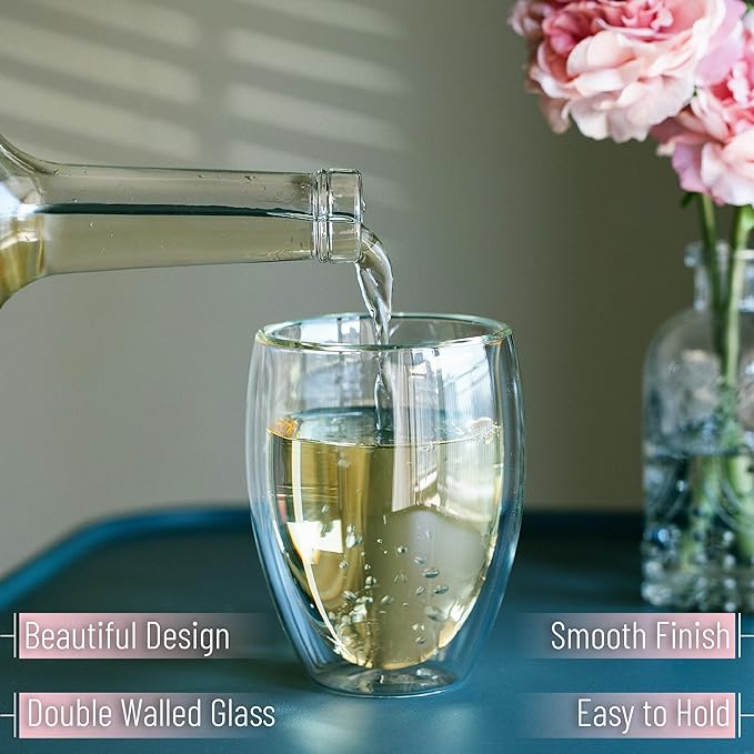 Brew To A Tea - WineGlass, 4 Pack, 12 oz (350 ml), Double Wall Stemless Wine Glass, Christmas Gifts