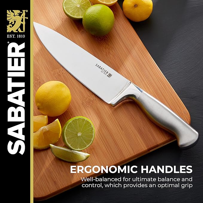 Sabatier 15-Piece Forged Stainless Steel Knife Block Set, High-Carbon Stainless Steel Kitchen Knives, Razor-Sharp Knife set with Acacia Wood Block, Stainless Steel Handles