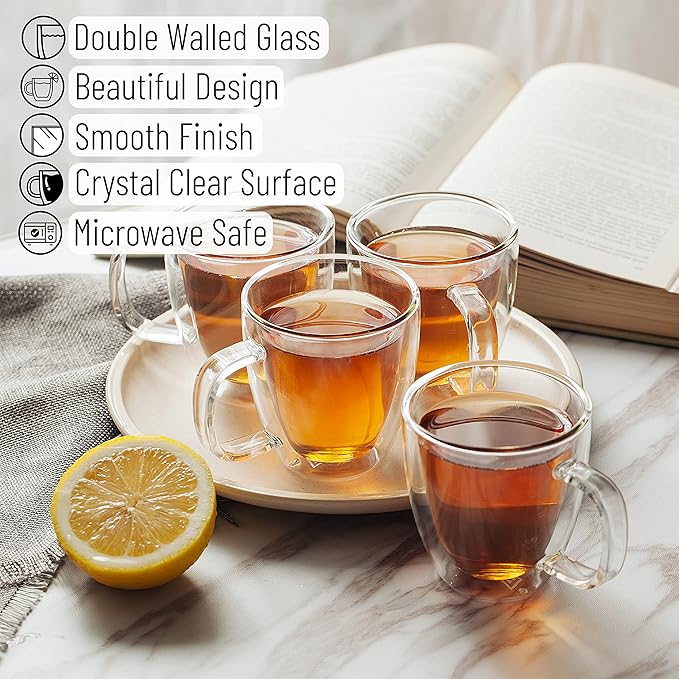 BTaT- Double Wall Glass Cups, Set of 4 (8 oz, 240 ml), Tea Cups, Glass Coffee Mugs, Cappuccino Cups, Latte Cups, Latte Mug, Clear Coffee Cup, Espresso Glass, Glass Tea Cups, Glass Coffee Cups
