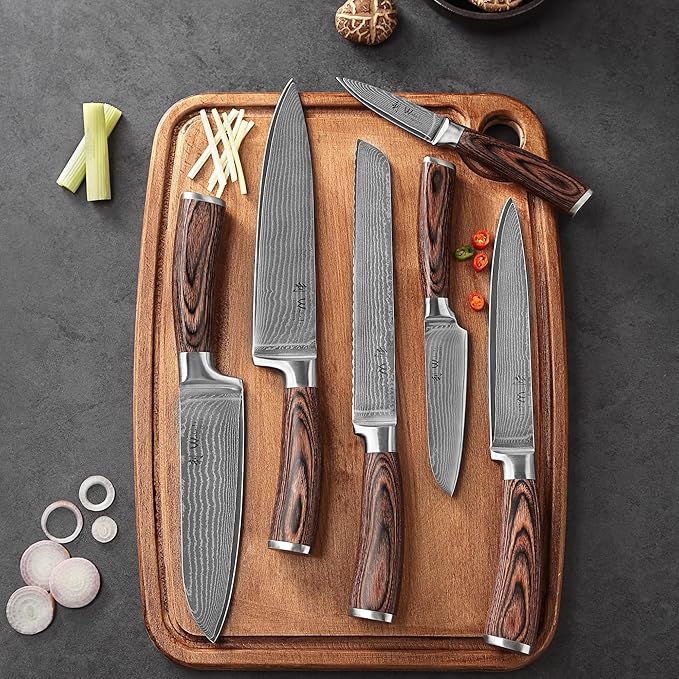 Wakoli EDIB 6-Piece Damascus Knife Set – Professional Chef Knives Set with VG10 Core Blades, 67-Layer Damascus Steel and Ergonomic Pakkawood Handles – Premium Kitchen Knives in Wooden Gift Box