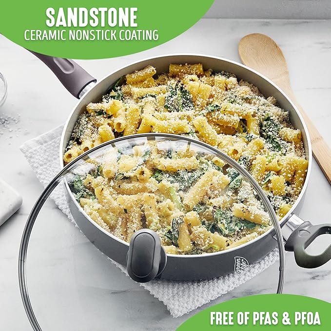 GreenLife Sandstone Healthy Ceramic Nonstick 5 Quart Saute Pan, PFAS-Free, Dishwasher Safe, Black