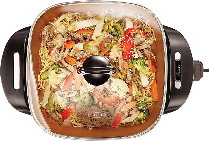 BELLA Electric Ceramic Titanium Skillet, Roast, Fry and Steam, Healthy-Eco Non-stick Coating, Convenient Easy Clean Up, Glass Lid Included, 12" x 12", Copper/Black