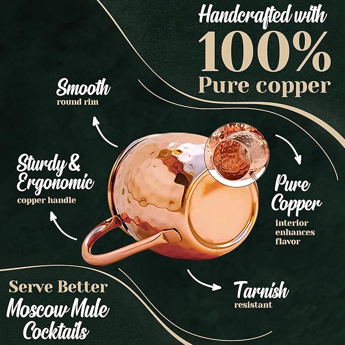 Moscow Mule Copper Mugs Set of 8 (16oz) | Food Grade 100% Pure Copper Cups | Handcrafted w/Lacquered Hammered Finish, Smooth Rounded Lip, Ergonomic Handle (No Rivet) w/Solid Grip