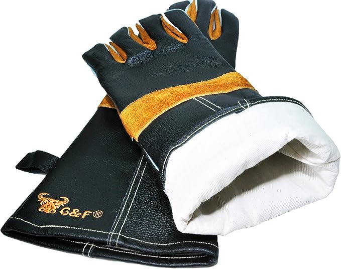 G & F Products Premium Leather Heat-Resistant Gloves – BBQ, Fireplace – Puncture, Cut, and Fire Protection with Cotton Lining and Kevlar Stitch – Durable Suede and Cowhide Leather
