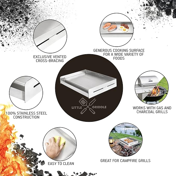 LITTLE GRIDDLE Sizzle-Q SQ180 100% Stainless Steel Universal Griddle with Even Heating Cross Bracing for Charcoal/Gas Grills, Camping, Tailgating, and Parties (18"x13"x3")