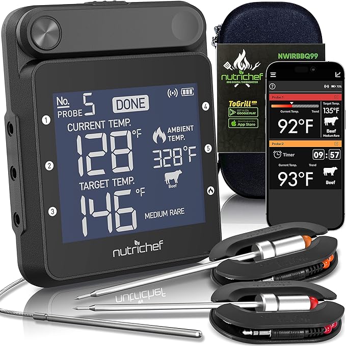 NutriChef WiFi Grill Meat Thermometer, Wireless Dual Smart Probes, Alarm Indoor from Outdoor Barbecue Smoker, Compatible with Any Smartphone, Rechargeable Meter for Outside BBQ Grilling