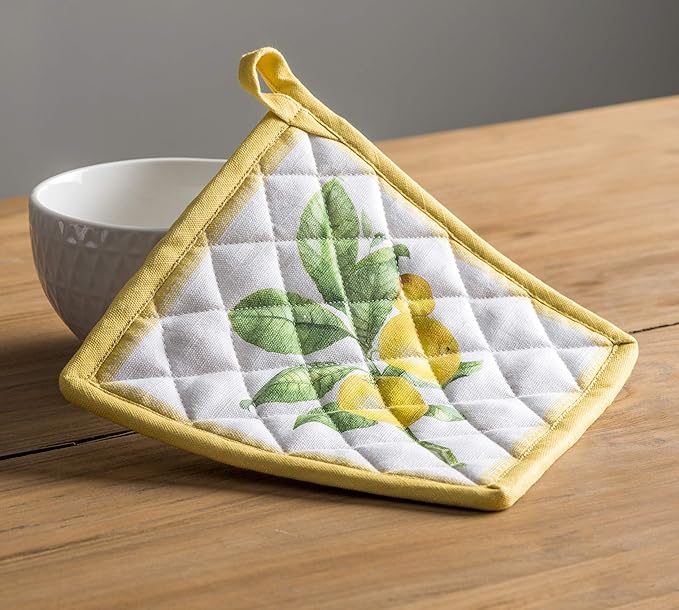 Maison d' Hermine 100% Cotton Oven Mitt & Pot Holder Set (7.5"x13" & 8"x8") Heat Resistant BBQ Cooking Gloves with Loop, Baking, Grilling, Kitchen, Handling Hot Pans Spring/Summer (Limoncello)