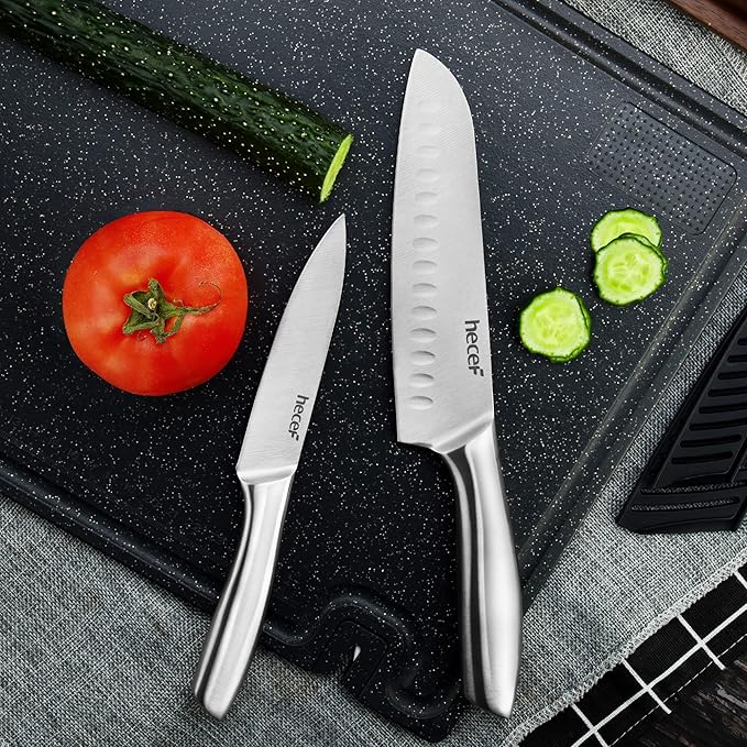 hecef Silver Kitchen knife set of 5, Satin Finish Blade with Hollow Handle, includes 8" Chef, 8" Bread, 8" Santoku, 5" Utility and 3.5" paring knife