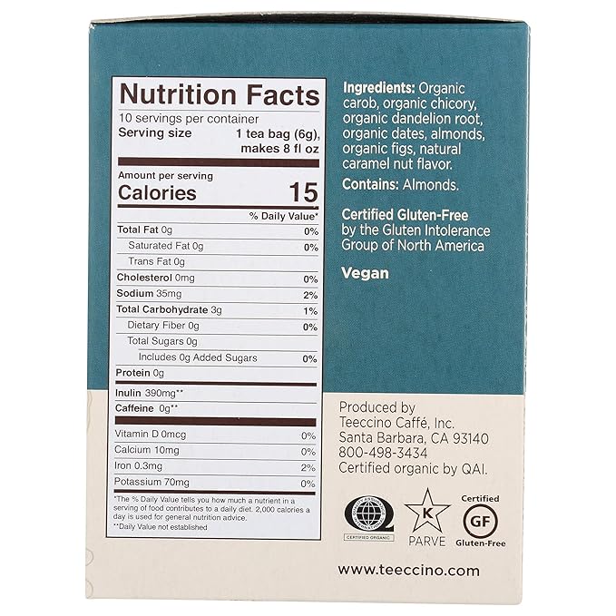 Teeccino Dandelion Dark Roast and Dandelion Caramel Nut Tea Variety Pack - Caffeine-Free, Roasted Herbal Tea with Prebiotics, Gluten Free - 10 Tea Bags (Pack of 4)