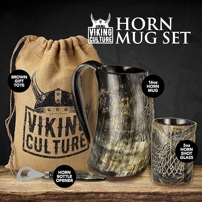 Viking Culture Ox Horn Mug, Shot Glass, and Bottle Opener (3 Pc. Set) Authentic 16-oz. Ale, Mead, and Beer Tankard | Vintage Stein with Handle | Custom Intricate Design - Natural Finish | The Ring