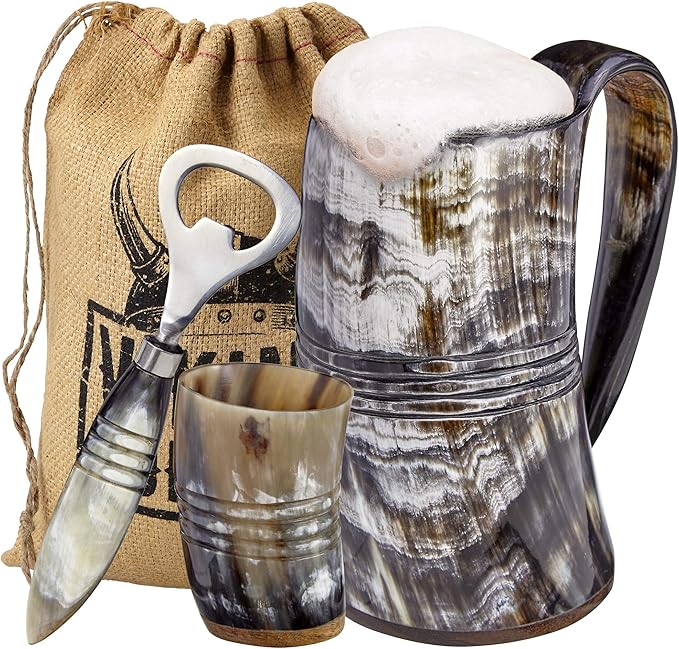 Viking Culture Ox Horn Mug, Shot Glass, and Bottle Opener (3 Pc. Set) Authentic 16-oz. Ale, Mead, and Beer Tankard | Vintage Stein with Handle | Custom Intricate Design - Polished Finish | The Ring