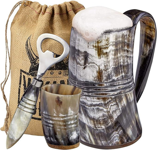 Viking Culture Ox Horn Mug, Shot Glass, and Bottle Opener (3 Pc. Set) Authentic 16-oz. Ale, Mead, and Beer Tankard | Vintage Stein with Handle | Custom Intricate Design - Polished Finish | The Ring