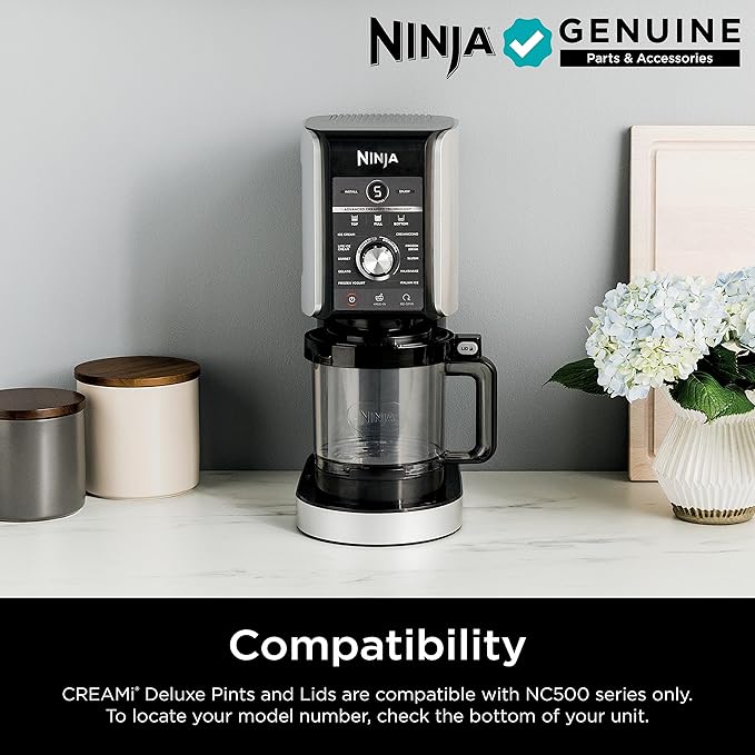 Ninja Creami Deluxe Pints 2 Pack, Compatible with NC500 Series Creami Deluxe Ice Cream Makers, Genuine Ninja Pint, BPA-Free & Dishwasher Safe, Color Lids, 1 Pint Each, Clear/Coral/Yellow, XSKPNTLD2
