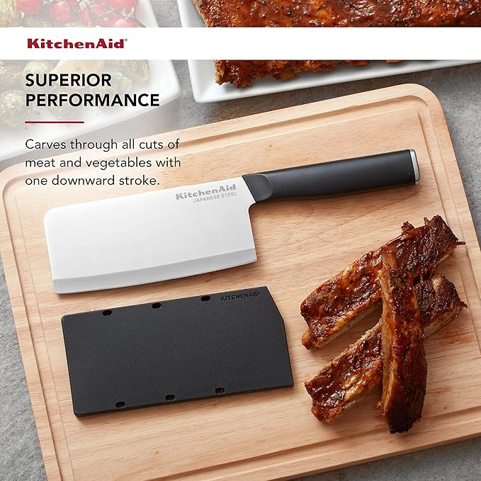 KitchenAid Classic Cleaver Knife with Custom Fit Blade Cover, 6 inch, Sharp Kitchen Knife, High Carbon Japanese Stainless Steel Blade, Meat Cleaver, Black