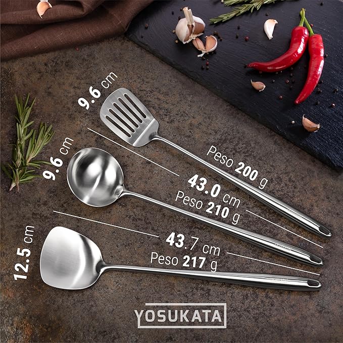 Yosukata 17" Wok Spatula and Ladle and Turner Spatula - Stainless Steel Cooking Utensils Set of 3-304 Stainless Steel Kitchen Utensils Set - Dishwasher Safe Wok Accessories - Cooking Tools