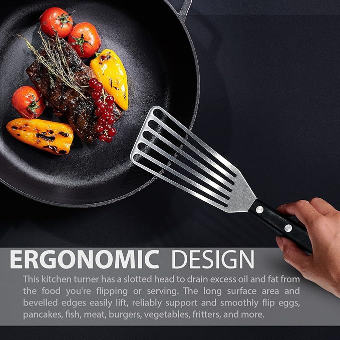 Slotted Stainless Steel Fish Spatula - 11-inch Thin, Heat Resistant with ABS Handle - Turner for Meat, Eggs, Nonstick Cookware