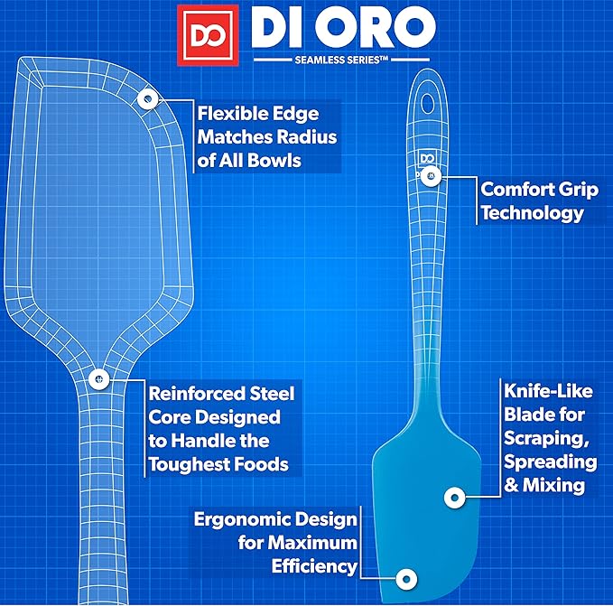 DI ORO Silicone Spatula - 600°F Heat-Resistant Rubber Kitchen Spatula for Baking, Scraping, & Mixing - BPA Free Nonstick Cookware Safe Flexible Utensil for Cooking - Seamless & Dishwasher Safe (Blue)