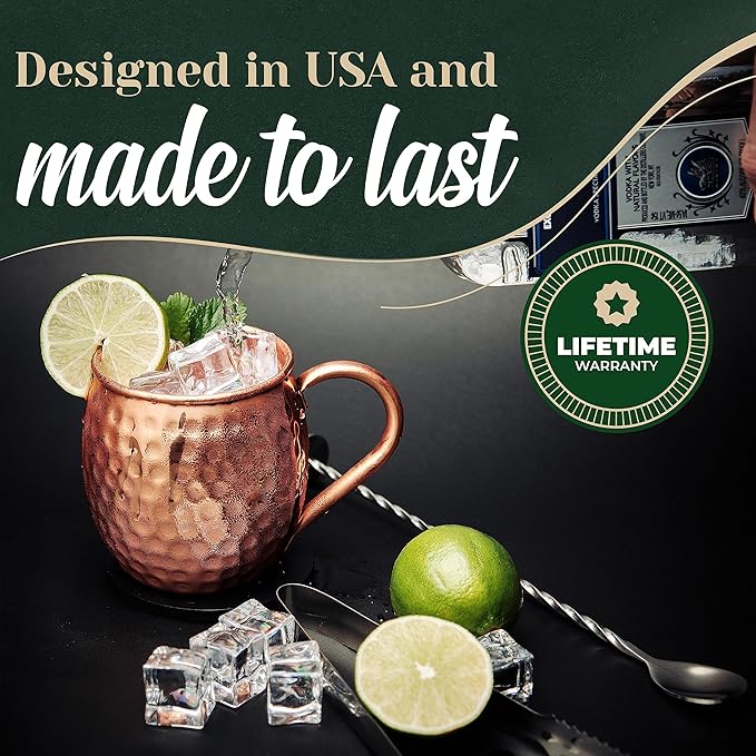 Moscow Mule Copper Mugs Set of 8 (16oz) | Food Grade 100% Pure Copper Cups | Handcrafted w/Lacquered Hammered Finish, Smooth Rounded Lip, Ergonomic Handle (No Rivet) w/Solid Grip