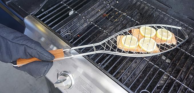 RSVP International Endurance® BBQ Basket, 6" x 14.75" | Fits 1 Whole Fish or Multiple Fillets | Made from Stainless Steel w/ Rosewood Handle | Holds Fish in Place for Perfect Roasting,Silver