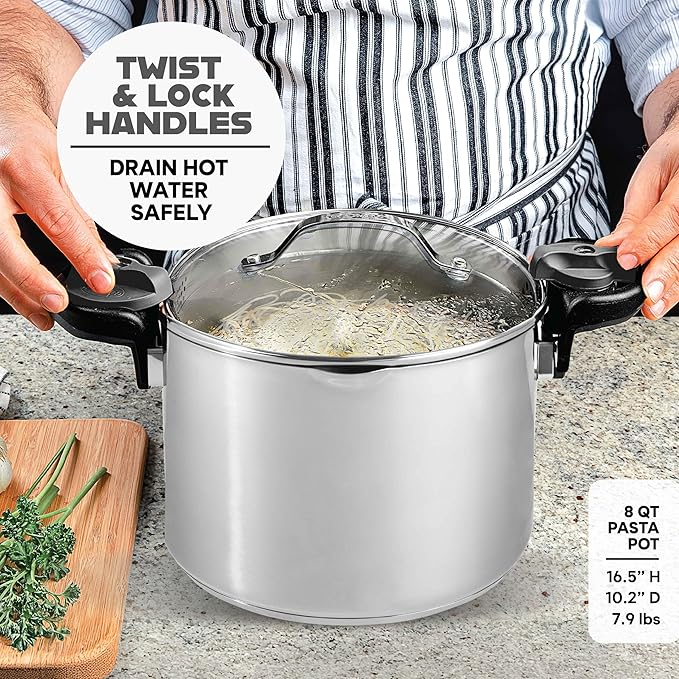 GOTHAM STEEL 8 Qt Stainless Steel Stock Pot Multipurpose Pasta Pot with Strainer Lid & Twist and Lock Handles, for Soup, Spaghetti, Rice, Induction Ready, Dishwasher Safe