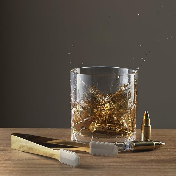 The Wine Savant Bullet Whiskey Chillers Stones - 1.75in Whiskey Rocks Set of 6 - Stainless Steel Bullet Shaped Ice Cubes, Gift Box Come, Tongs and Storage Bag, Whiskey or Scotch Rocks (Gold)