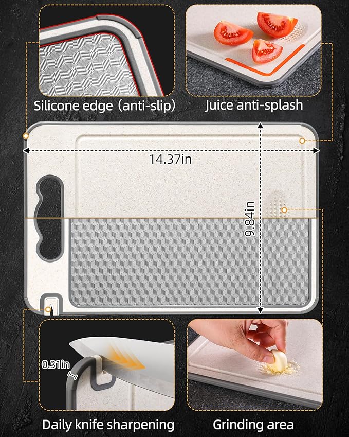 Stainless Steel Cutting Board for Kitchen, Non Toxic Large Chopping Board Double Sided Non-slip Scratch-resistant Mesh Design with Juice Groove Food-Grade Wheat Straw PP 15×10 In Easy to Clean