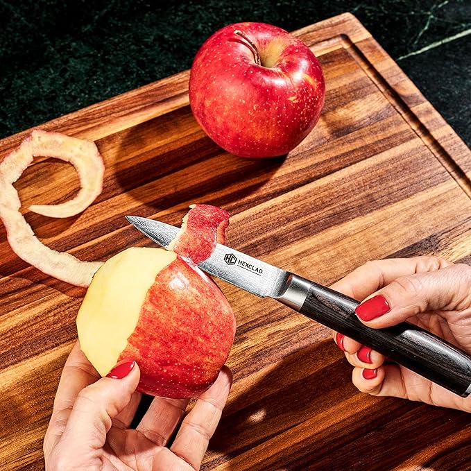 HexClad 6-Piece Espresso Damascus Knife Set, 67-Layer Japanese Damascus Stainless Steel Blades, 60 HRC, Made with the 3-Step Honbazuke Method, Pakkawood Handles, 12-Degree Edge