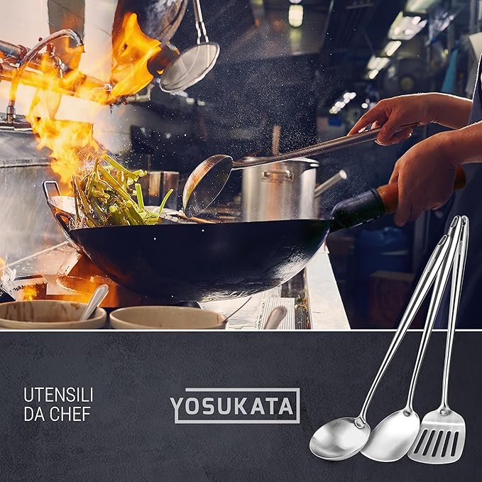 Yosukata 17" Wok Spatula and Ladle and Turner Spatula - Stainless Steel Cooking Utensils Set of 3-304 Stainless Steel Kitchen Utensils Set - Dishwasher Safe Wok Accessories - Cooking Tools