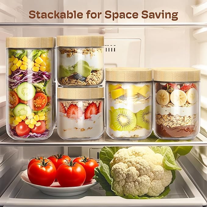 6 Pack 10oz Overnight Oats Containers with Bamboo Lids, Glass Jars with Airtight Lids for Meal Prep, Wide Mouth Mason Salad Jars, Glass Food Storage Container for Yogurt Chia Snacks Spice Sugar