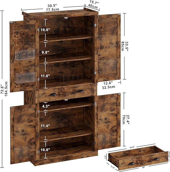 IRONCK Kitchen Pantry Storage Cabinet 72.6" H, with Barn Doors, Drawer, 4 Adjustable Shelves, Freestanding Cupboard for Dining Room Living Room, Laundry, Vintage Brown