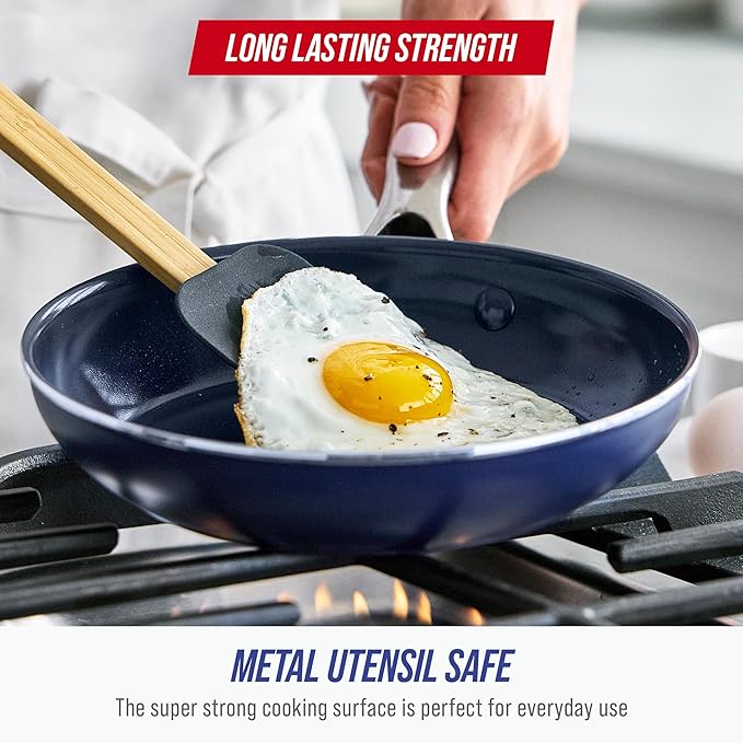 Blue Diamond 8 Inch Nonstick Frying Pan, PFAS Free Ceramic Egg and Omelette Pan, Diamond Infused Nonstick Skillet, Dishwasher & Oven Safe, Durable, Non Toxic, Metal Utensil Safe, Blue