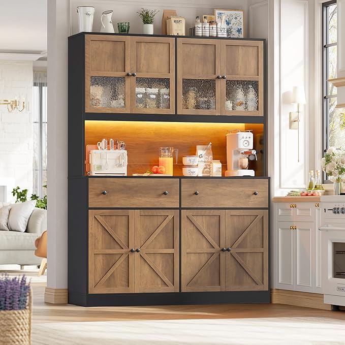FINETONES 71" Pantry Cabinet with LED Light and Charging Station, Farmhouse Kitchen Pantry Cabinet with Microwave Stand, 47.2" Wide Kitchen Hutch Food Pantry with Open Countertop, Black/Brown