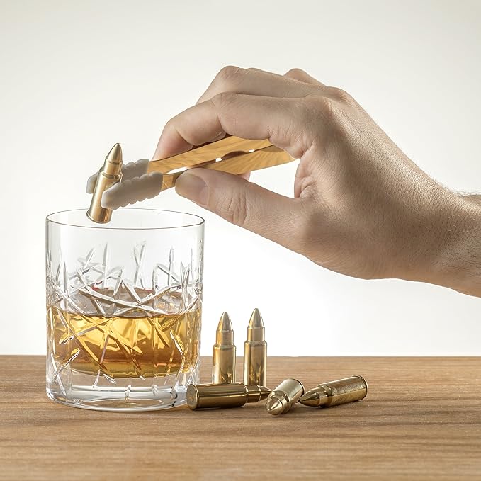 The Wine Savant Bullet Whiskey Chillers Stones - 1.75in Whiskey Rocks Set of 6 - Stainless Steel Bullet Shaped Ice Cubes, Gift Box Come, Tongs and Storage Bag, Whiskey or Scotch Rocks (Gold)