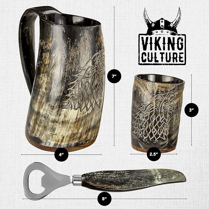Viking Horn Mug Gift Set Christmas Gifts for Men – 16oz Beer Tankard, Shot Glass, Bottle Opener – Medieval Drinking Horn Stocking Stuffer for Dad Husband – Unique Holiday Birthday Present