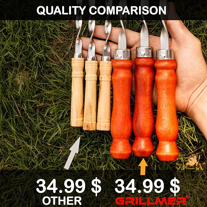 Premium BBQ Skewers with Wooden Handles 22" Shish Kabob Skewers Stainless Steel Long & Reusable Kabob Sticks Barbecue Skewers for Grilling Set of 6 Piece (6, 22 Inches)