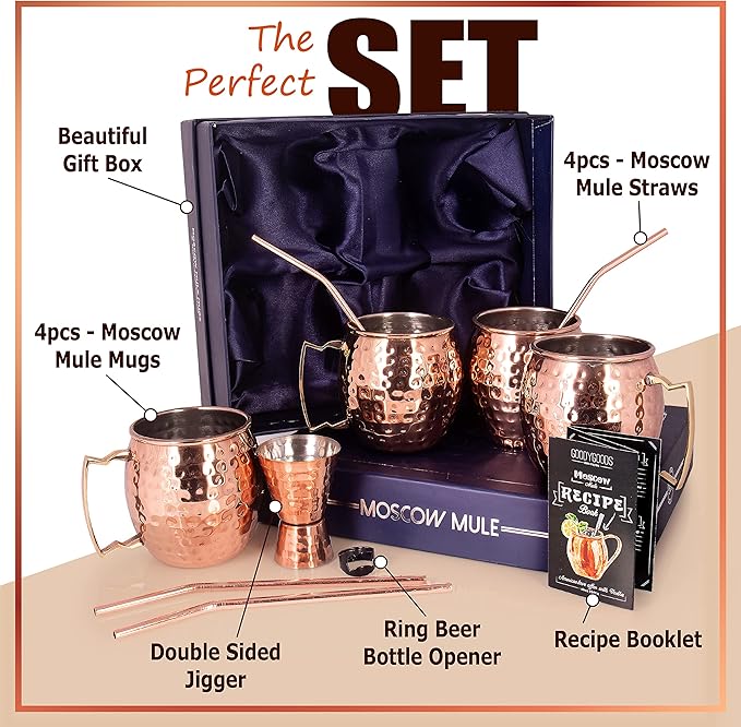 G GOODYGOODS Moscow Mule Mugs, Real Copper Plating, Stainless Steel inside Lining, Gift Set of 4 Handcrafted 18 Oz Copper Cups, 4 Unique Straws, Jigger, Ring Bottle Opener & Recipe Booklet!