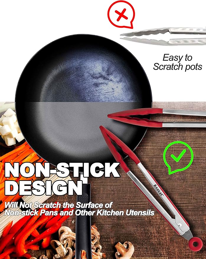Anaeat Non-Stick Silicone Locking Tong Set of 3 - Stainless Steel 7", 9" and 12" Kitchen Food Tongs with Non-Slip Silicone Tips and Grip for Cooking, Baking and BBQ - Heat Resistant up to 480°F (Red)
