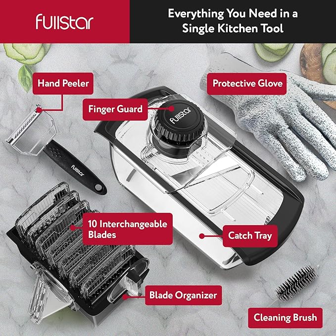Fullstar Mandoline Slicer for Kitchen, Fruit Cutter, Cheese Grater, Cucumber Slicer, Veggie Spiralizer, Food Cutter & Kitchen Gadgets & Gifts with Safety Glove (11 in 1, Clear)