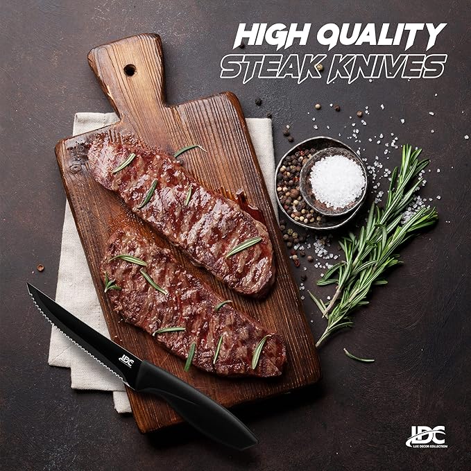 LDC Serrated Steak Knives Set of 8, Elegant Black Ultra Sharp Knives, Dishwasher Safe Stainless Steel Dining Knife Set