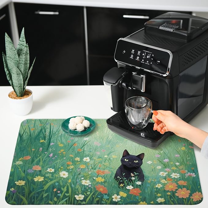 Floral Black Cat Dish Drying Mat, Cat Lover Gifts, Cats in Colorful Wildflower - Image 4
