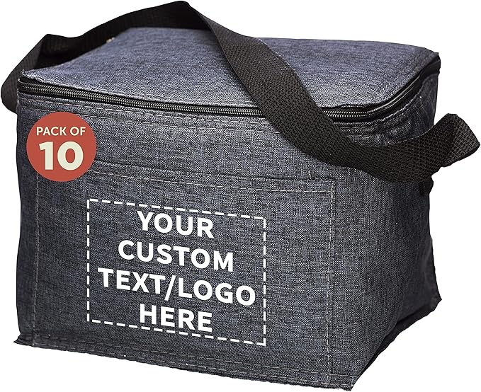 Custom Insulated Cooler Lunch Bag Set of 10, Personalized Bulk Pack - Perfect for Work, Travel, Outdoor Events - Black