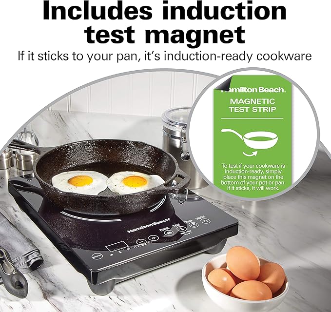 Hamilton Beach Portable Single Induction Cooktop Countertop Burner Hot Plate with Fast Heating Mode, 1800 Watts, 10 Temperature Settings up to 450F, Black (34104)
