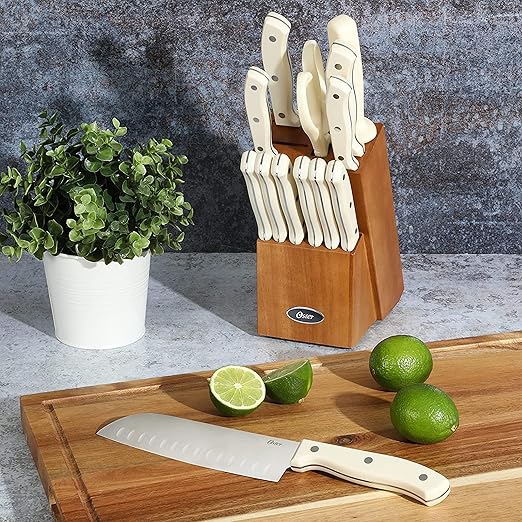 Oster Evansville 14 Piece Cutlery Kitchen Knife Block Set, Stainless Steel w/Linen White Handles - Cuchillos Para Cocina