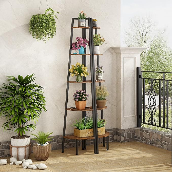 Hoctieon Corner Shelf, 5-Tier Corner Bookshelf, Rustic Ladder Shelf, Industrial - Image 7