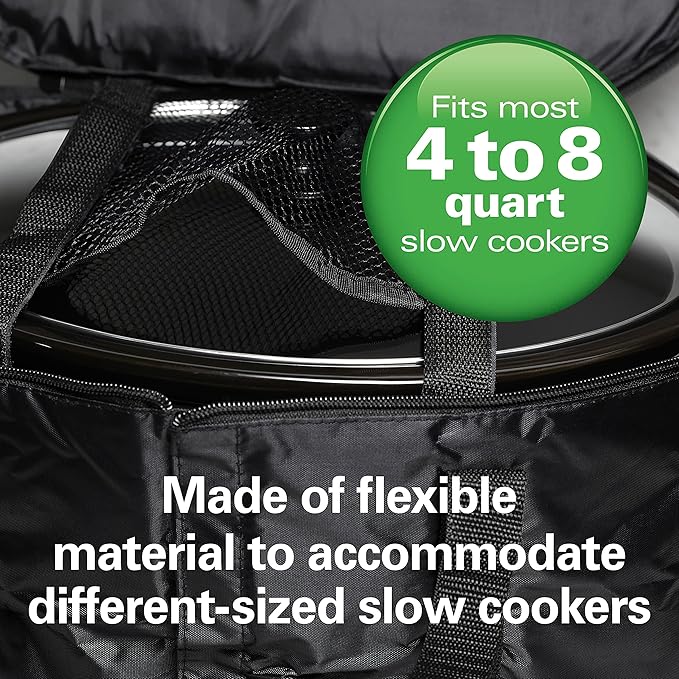 Hamilton Beach Portable Slow Cooker Travel Bag, Insulated Carrier Case for 4, 5, 6, 7 & 8 Quart Crock, Internal Mesh Net Holds Pot in Place, Compatible With Other Brands, Black (33002)
