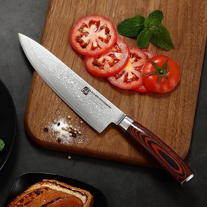 Damascus Chef Knife 8'' Professional 67-Layer VG10 Steel Core with Pakka Wood Handle, Ultra Sharp HRC 62 Kitchen Knife for Chopping Cutting Carving Gift Box for Kitchen Restaurant