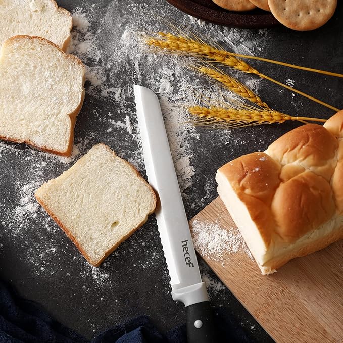 hecef Kitchen Knife Block Set, 14 Pieces Knife Set with Wooden Block & Sharpener Steel & All-purpose Scissors, High Carbon Stainless Steel Cutlery Set (Black)