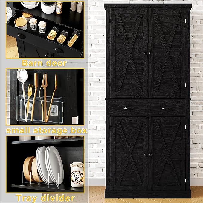 IRONCK Kitchen Pantry Storage Cabinet 72.6" H, with Barn Doors, Drawer, 4 Adjustable Shelves, Freestanding Cupboard for Dining Room Living Room, Laundry, Black