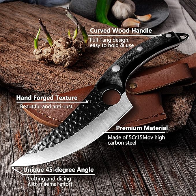 Huusk Viking Knives, Butcher Knife Black Forged Boning Knife with Sheath Japanese Fillet Meat Cleaver Knives Full Tang for Kitchen, Camping, BBQ Thanksgiving Christmas Gifts