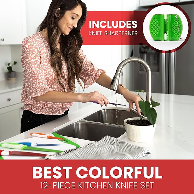 EatNeat 12-Piece Knife Set – Chef, Bread, Carving, Utility & Paring Knives with Sheaths, Sharpener & Cutting Board – Non-Stick Stainless Steel, Ergonomic, Dishwasher Safe – Ideal for Home, RV & Gift